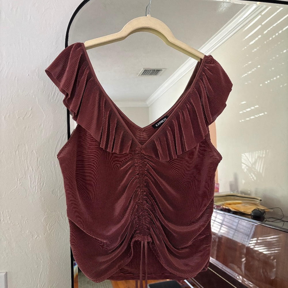 Express adjustable ruffle blouse with ruching